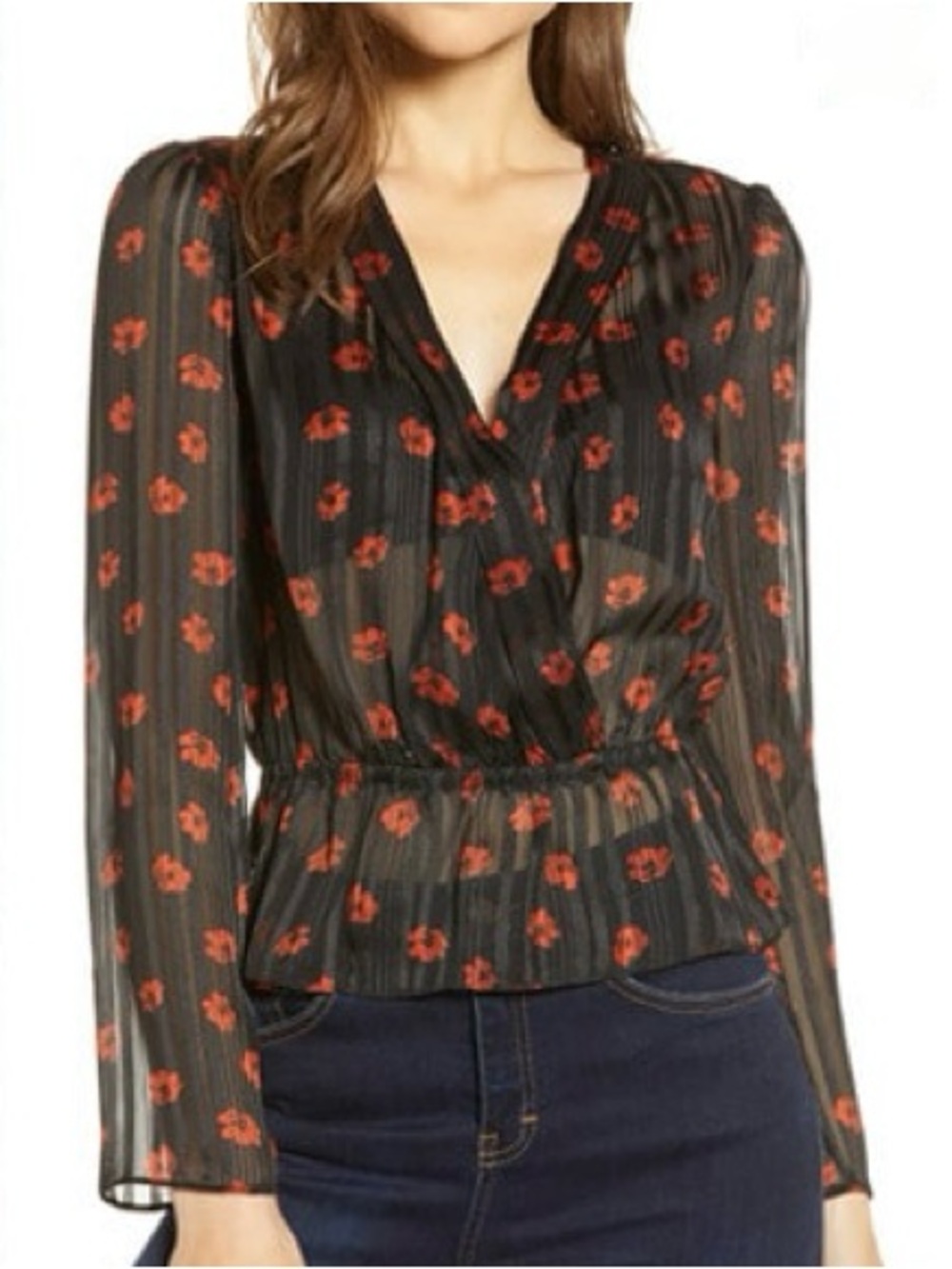 WAYF Virginia Peplum Surplice Blouse Black Floral Semi Sheer Size M